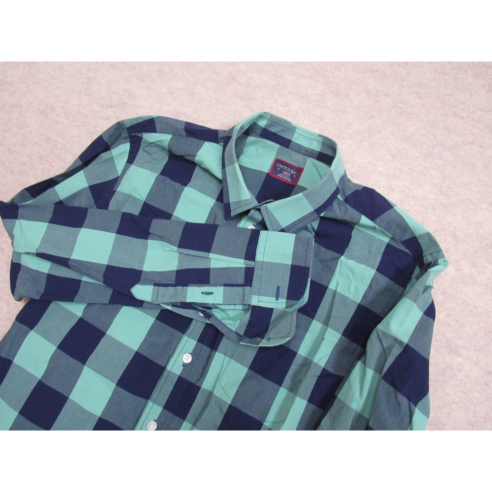 UNTUCKit Bonarda Slim Fit Shirt Mens Large Teal Navy Buffalo Check Cotton L